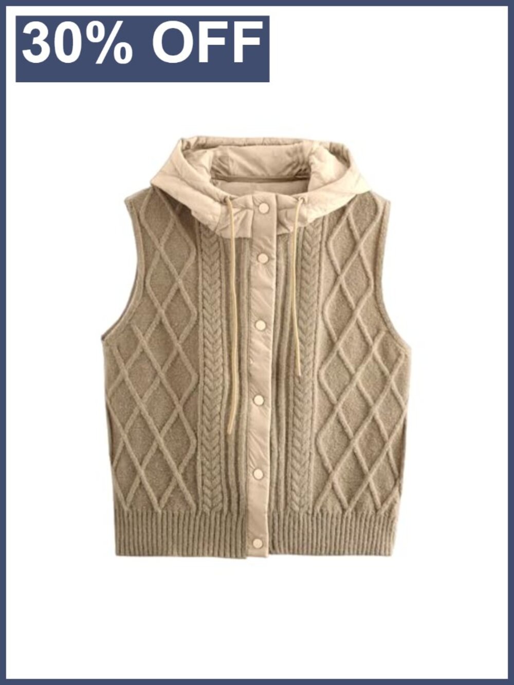 Cable Knit Hooded Quilted Vest Lightweight Padded Sleeveless Jacket